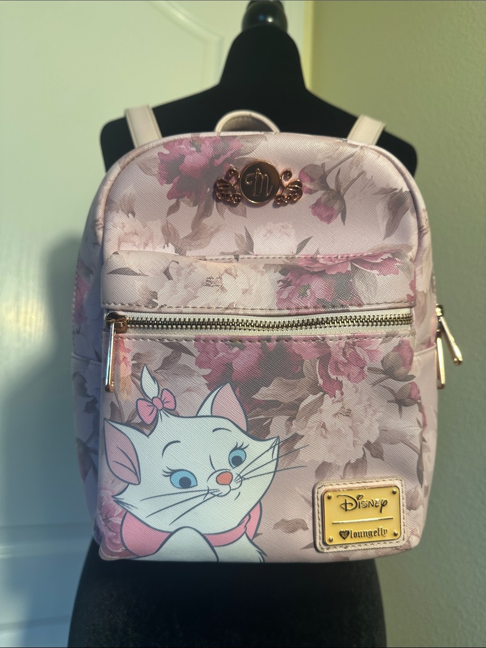 Disney Loungefly Marie mini Pink Floral  Backpack with Rose gold accents